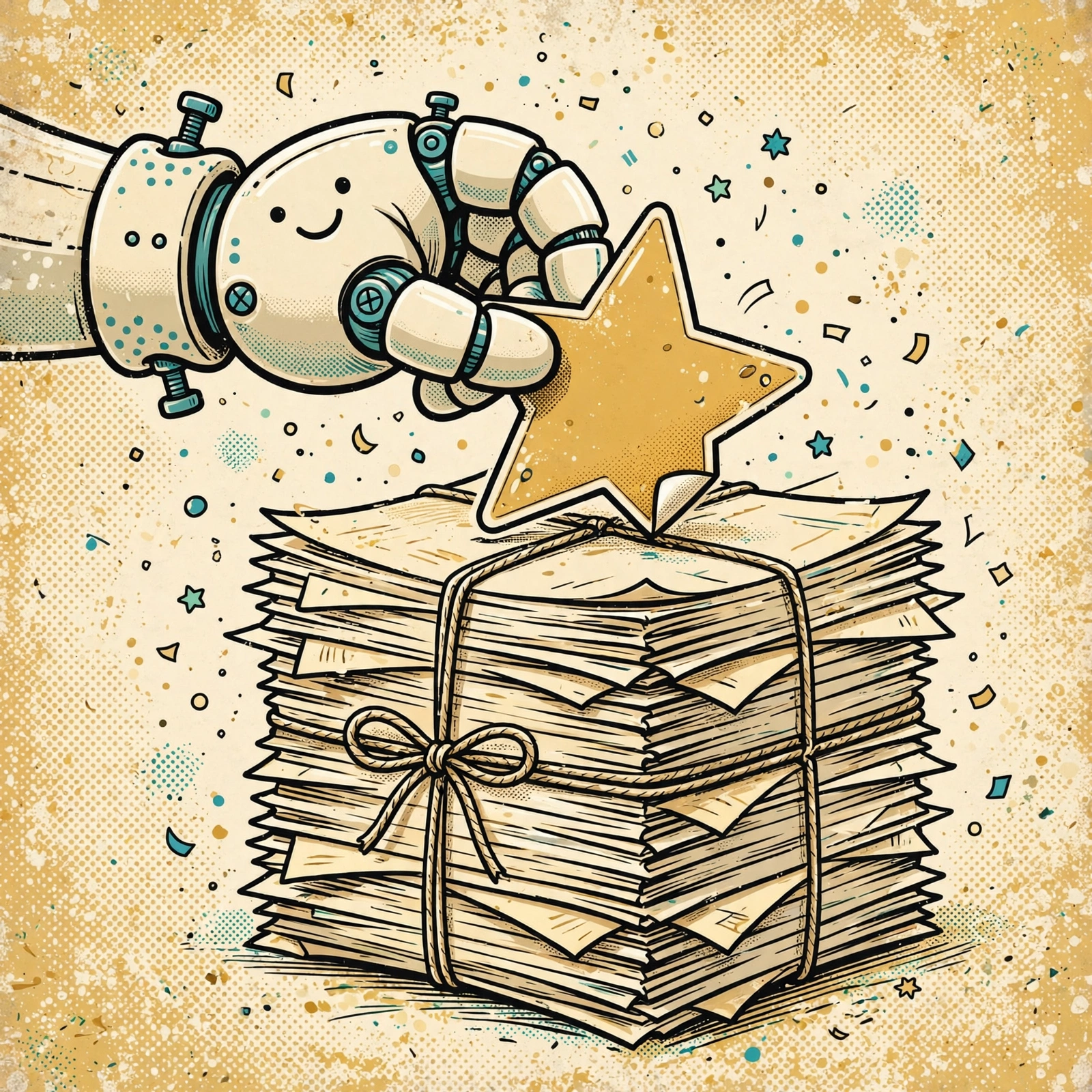 A cheerful robot hand placing a gold star on a tall stack of manuscripts tied with string