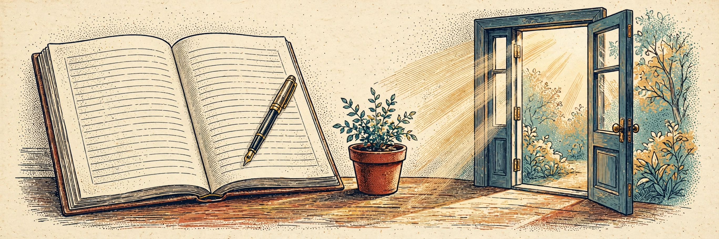 An open rulebook with a fountain pen resting on the page, beside a small potted plant and a glass door standing open in morning light