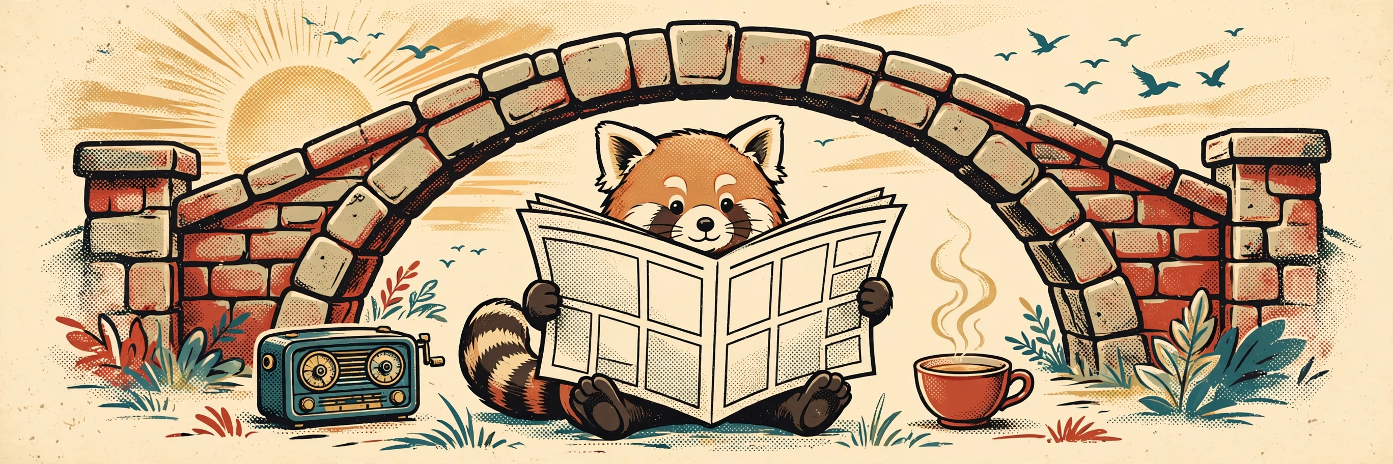 A red panda reading a newspaper under a stone bridge at sunrise, with a wind-up radio and a cup of tea